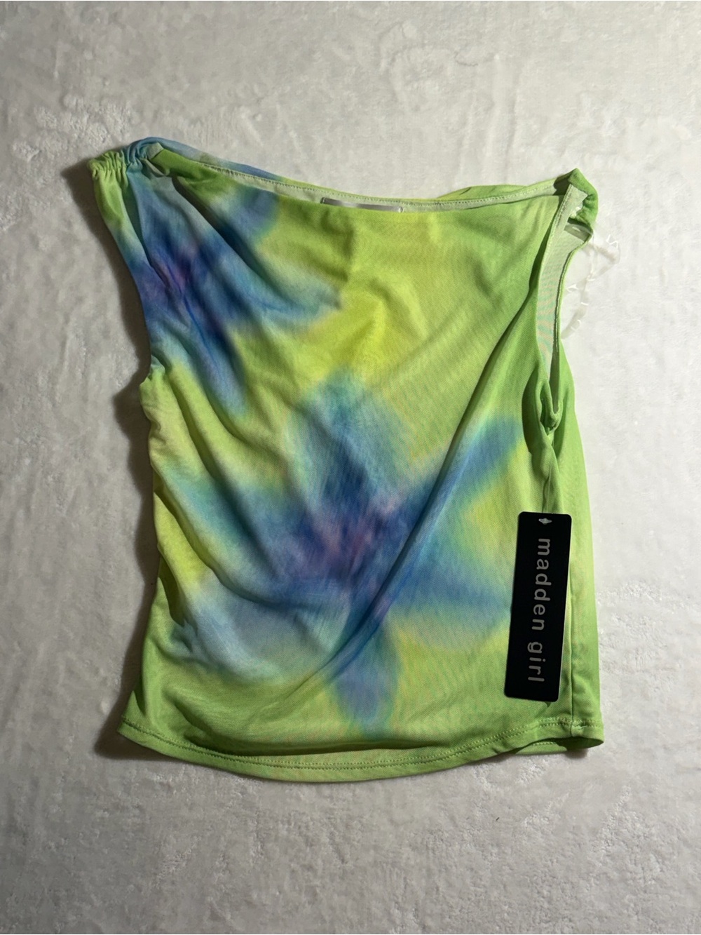 Madden Girl Neon Lime One-Shoulder Tie-Dye Tank with Blue & Purple Accents